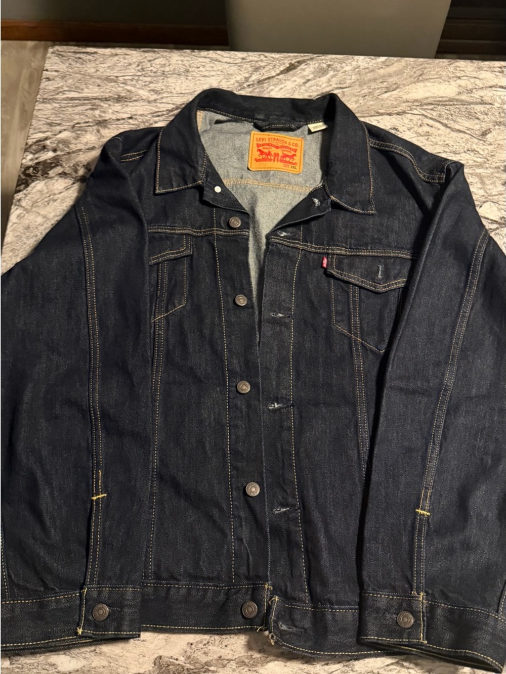 Levi's Dark Indigo Denim Jacket with Tan Leather Patch